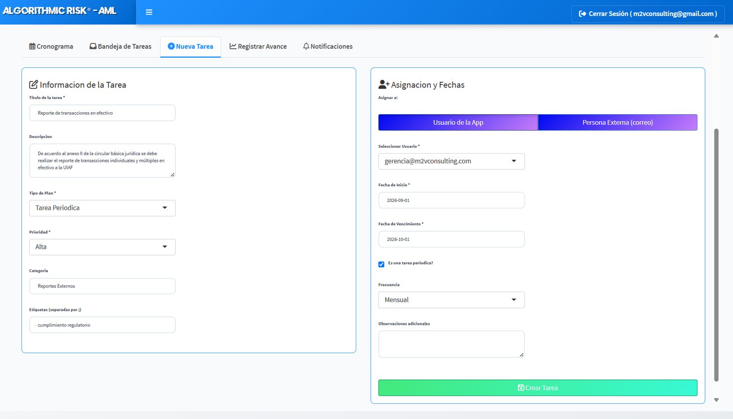 Creación de una nueva tarea
