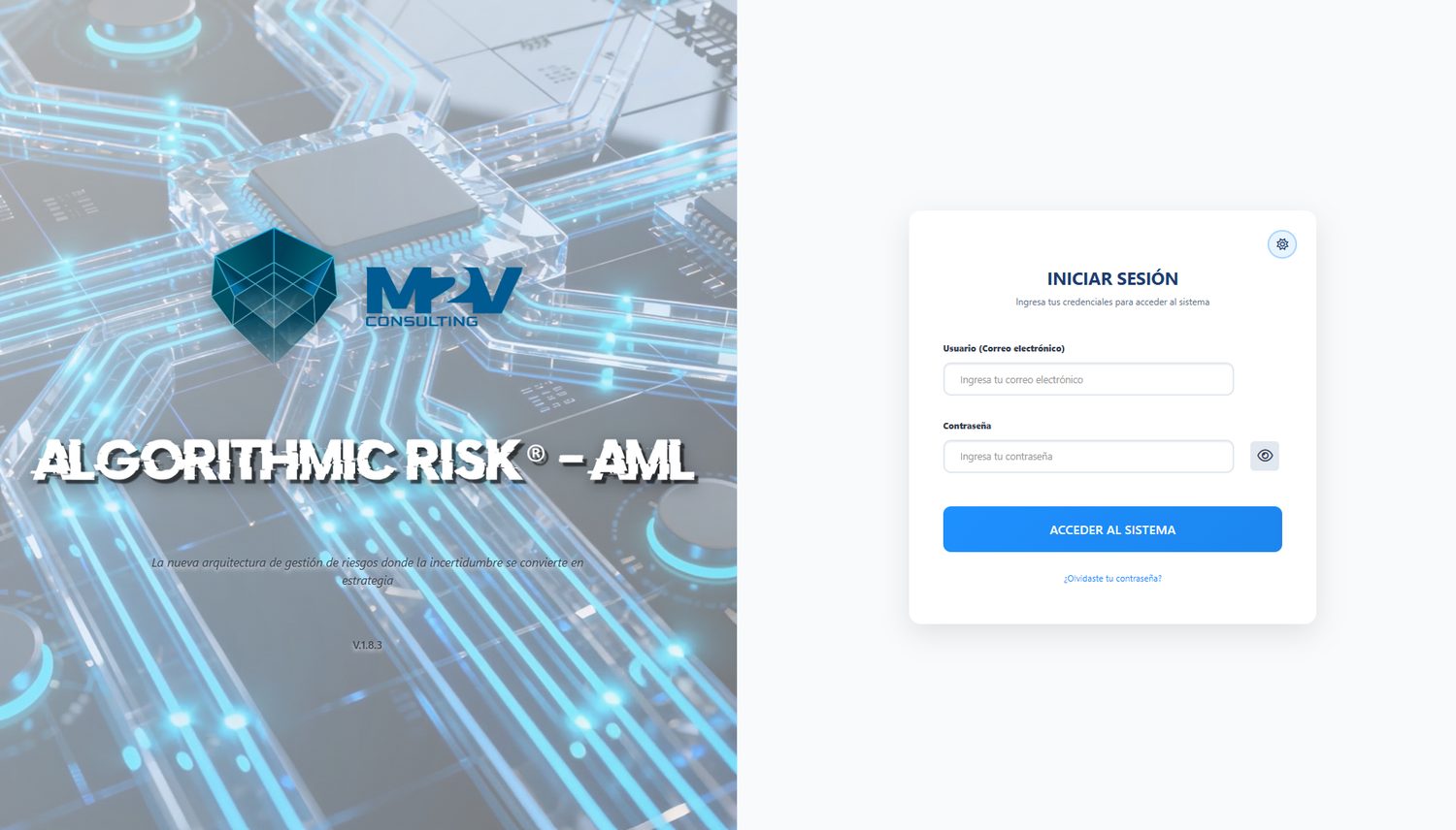 Pantalla de acceso de Algorithmic Risk – AML